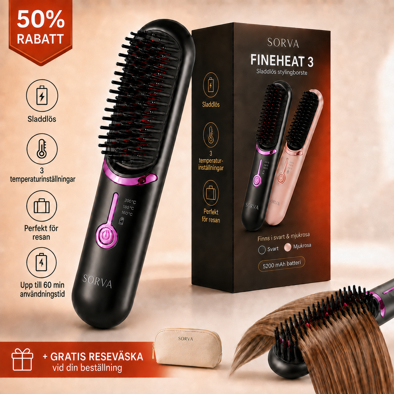 Sorva FineHeat 3™ | Sladdlös stylingborste