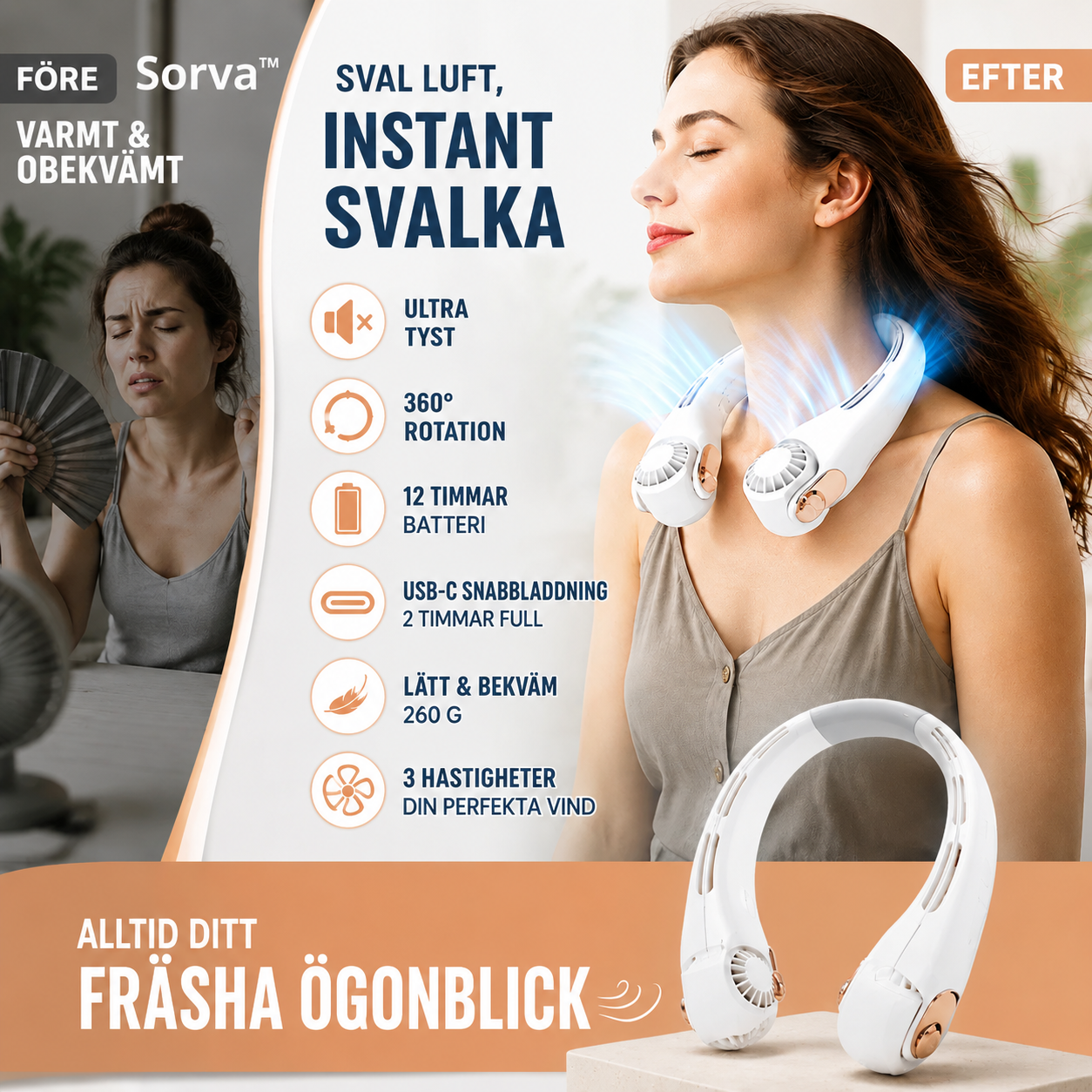 ❄️ Nackfläkt med luftkonditionering – ultratyst personlig svalka för sommaren