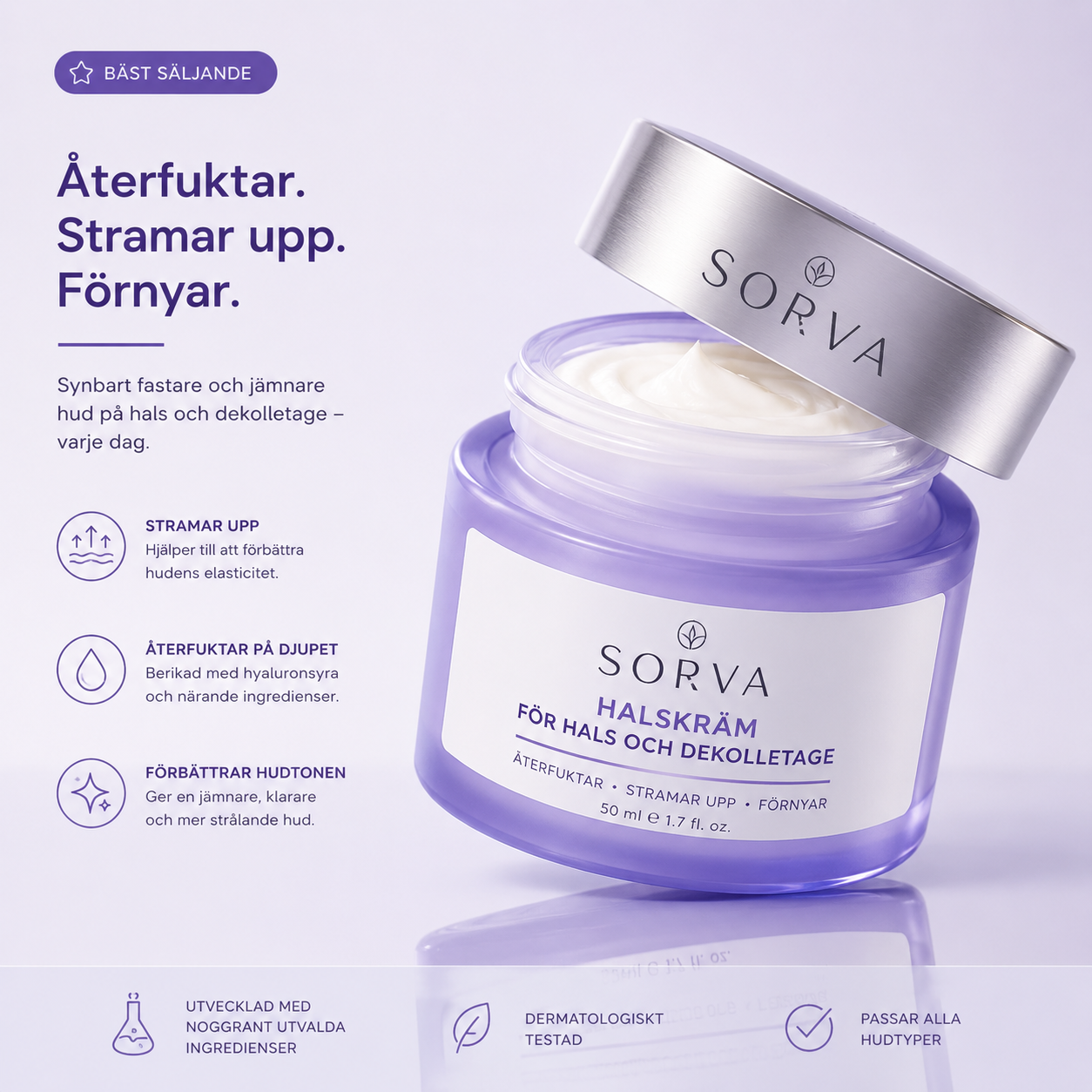 SORVA neck cream jar with purple and white design on a light purple background