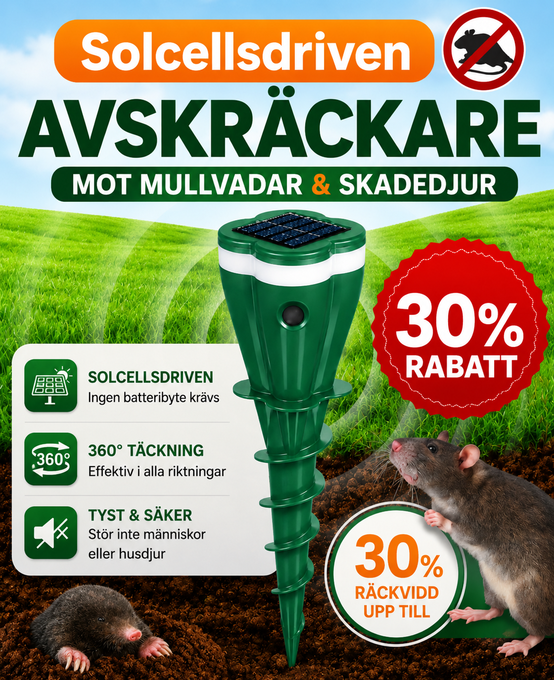 Sorva SolarGuard™ – Solcellsdriven avskräckare mot mullvadar och skadedjur